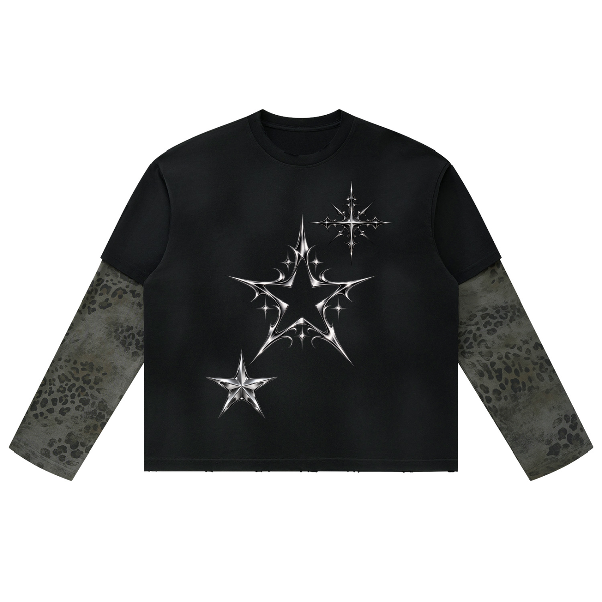 Unisex Vintage Wash Leopard Paneled Layer T-Shirt