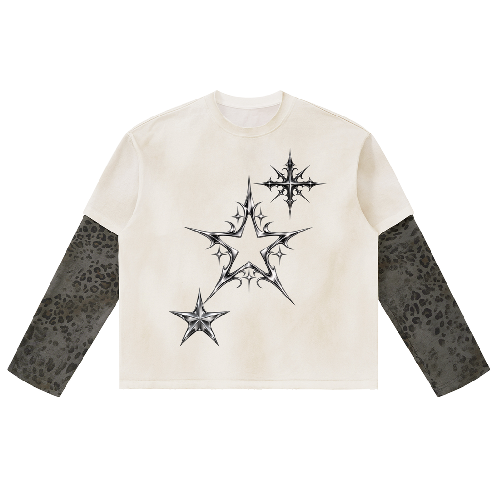Unisex Vintage Wash Leopard Paneled Layer T-Shirt